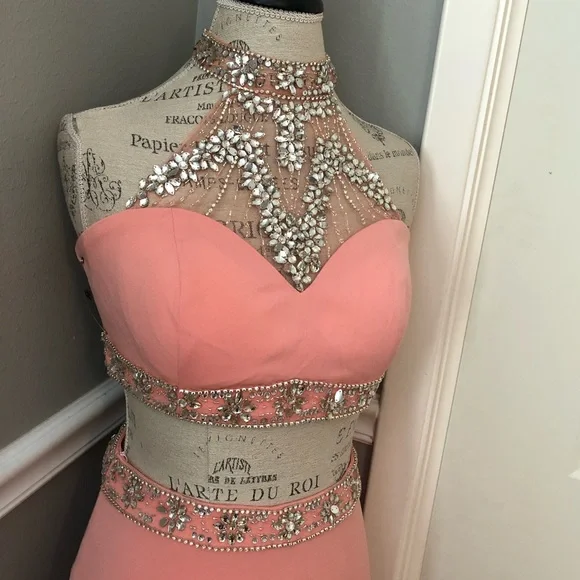 NEW ALYCE PARIS SZ 6 PINK CORAL TWO PIECE BEAD ILLUSION FORMAL EVENING GOWN - Picture 5 of 15